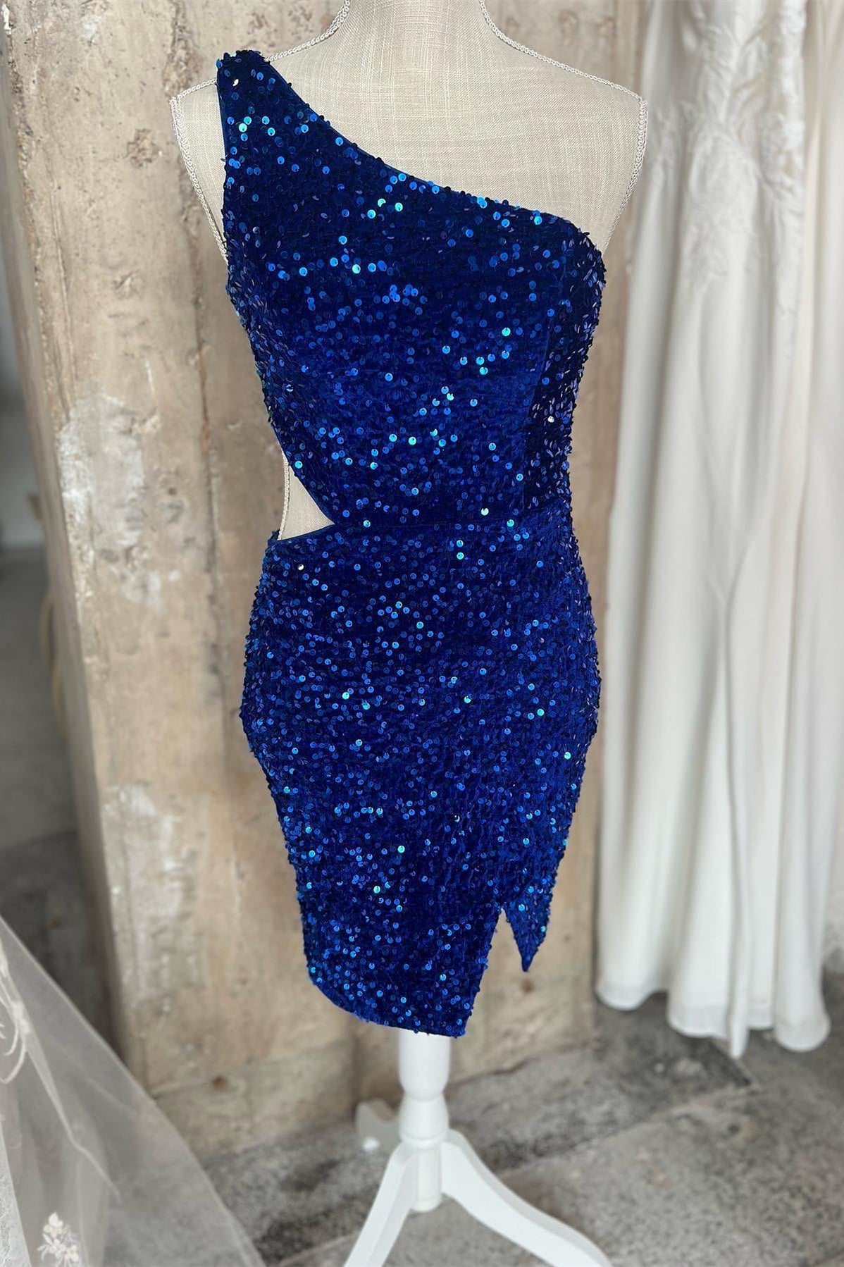 One Shoulder Royal Blue Sequin Side Cutout Tight Mini Dress