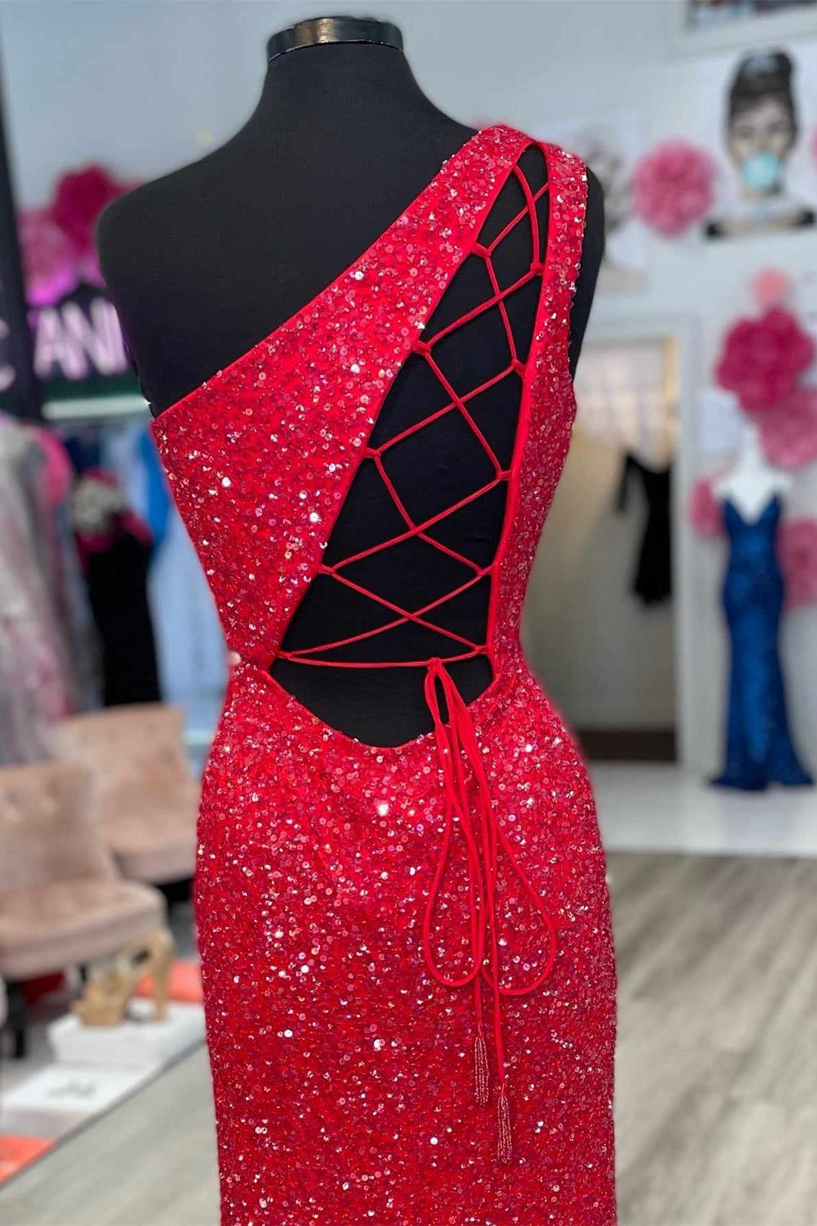 One Shoulder Sequin Mermaid Long Formal Dress with Lace Up Back