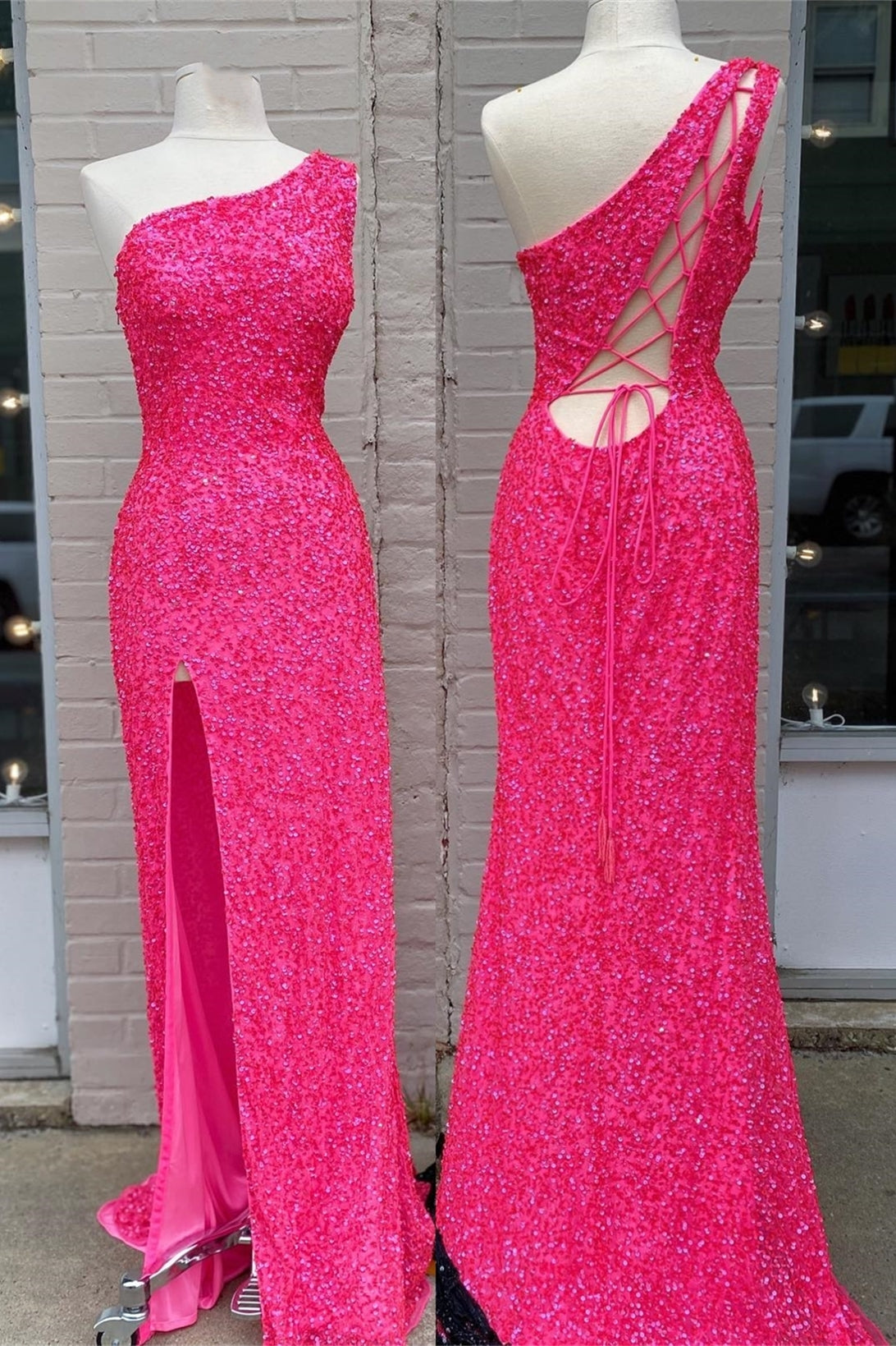 One Shoulder Sequin Mermaid Long Formal Dress with Lace Up Back