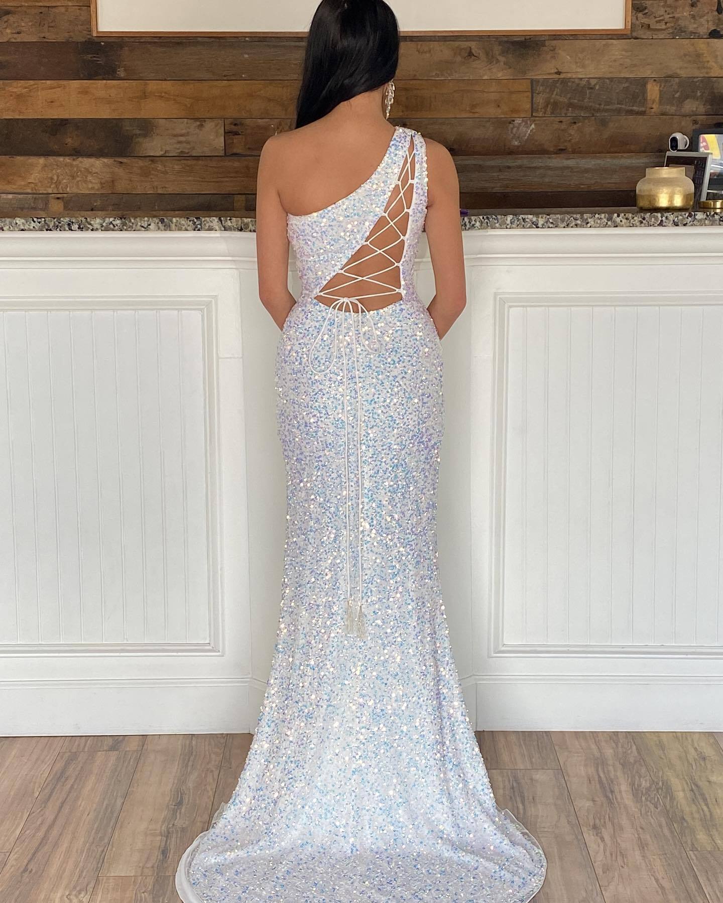 One Shoulder Sequin Mermaid Long Formal Dress with Lace Up Back