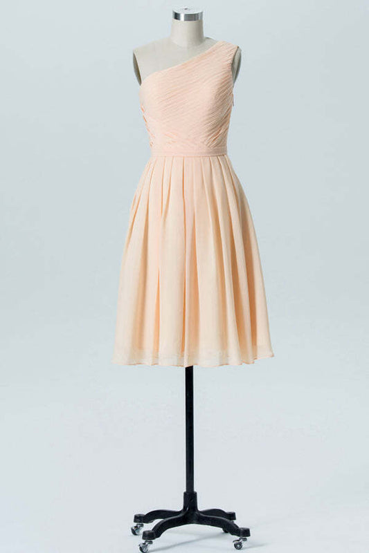 One Shoulder Short Peach Chiffon A-line Bridesmaid Dress