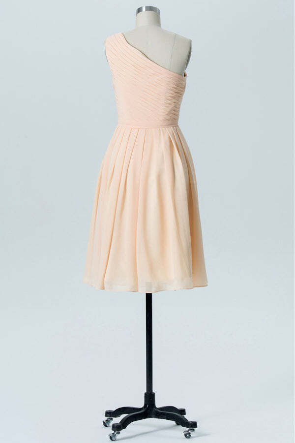 One Shoulder Short Peach Chiffon A-line Bridesmaid Dress