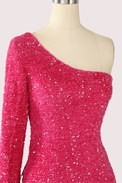 One-shoulder Long Sleeve Hot Pink Sequins Bodycon Mini Dress