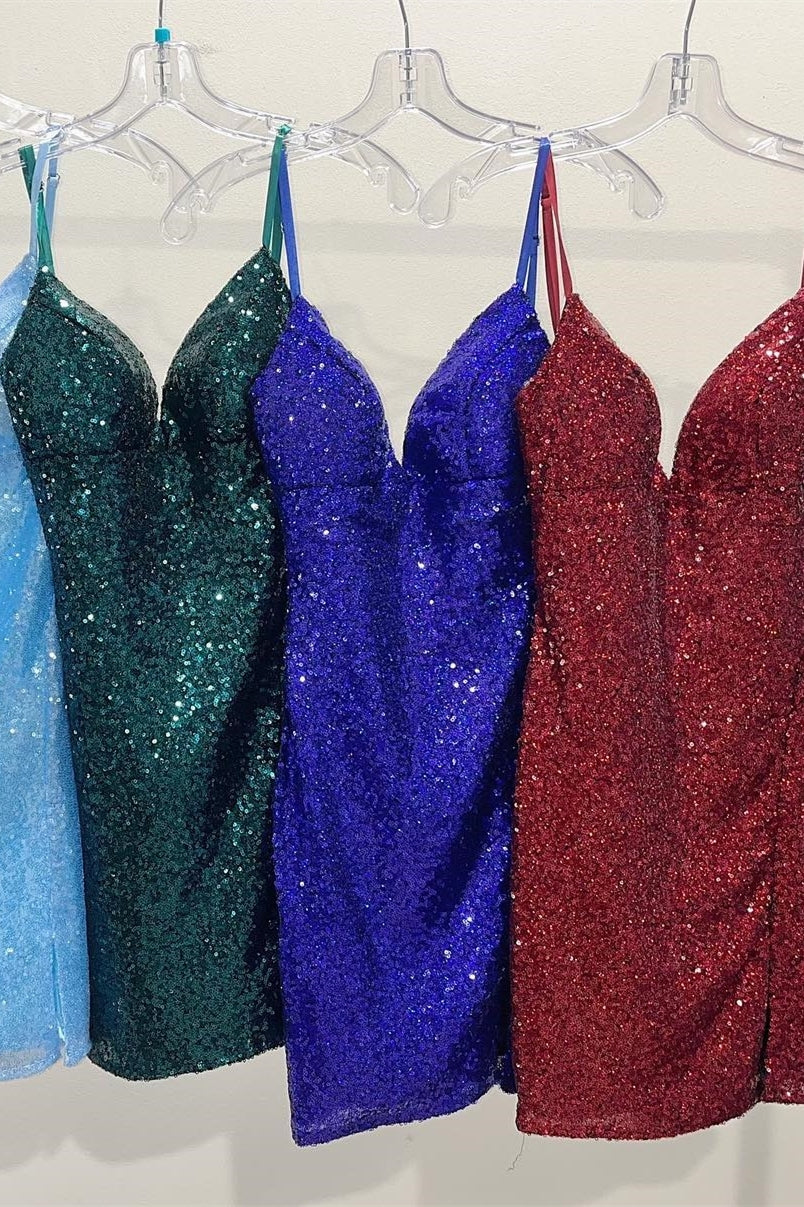 Open Back Blue Sequin Tight Mini Dress