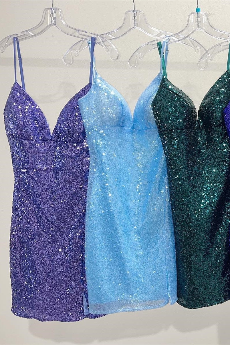 Open Back Blue Sequin Tight Mini Dress
