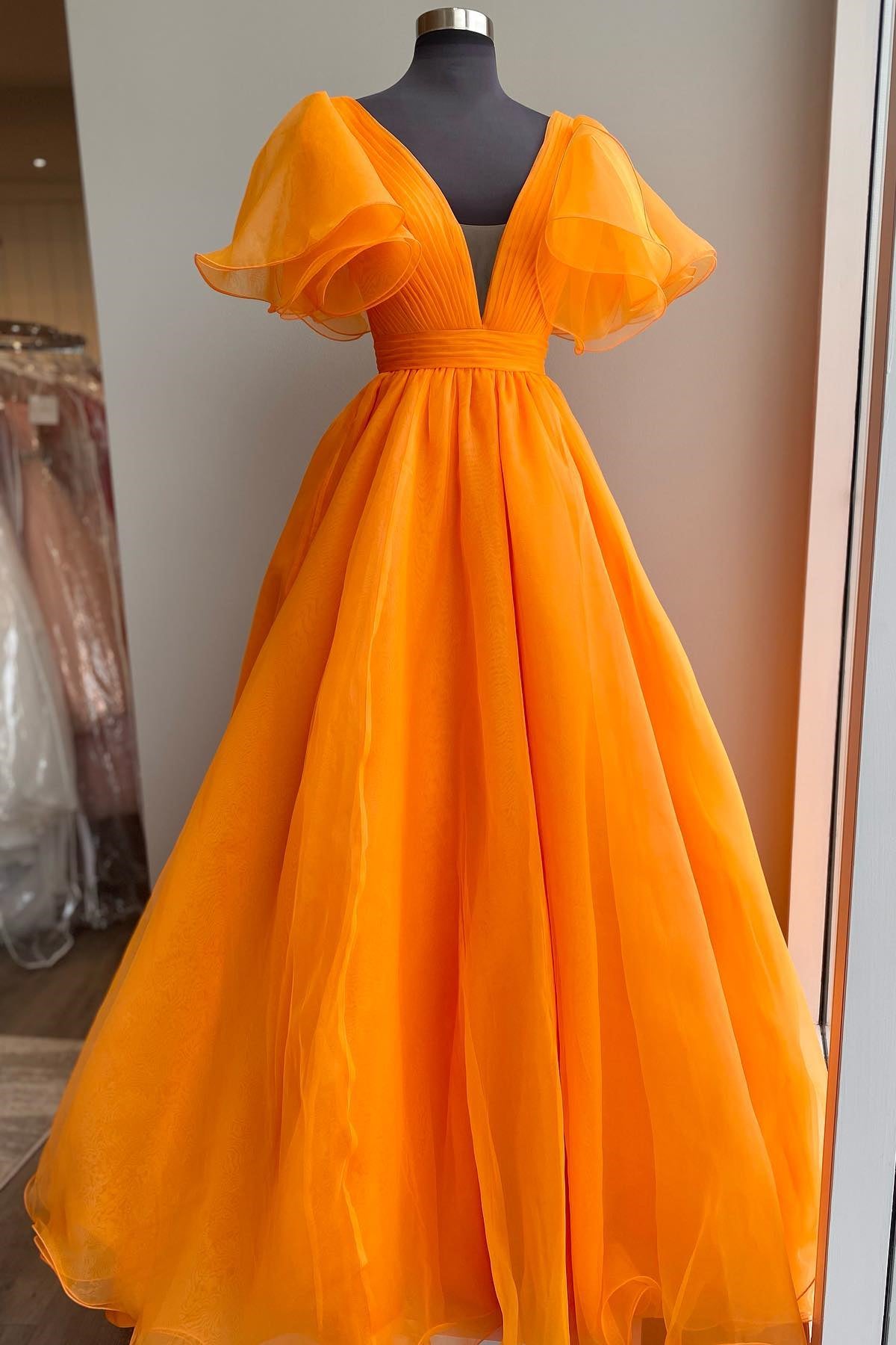 Orange A-line Long Formal Dress with Flutter Sleeves