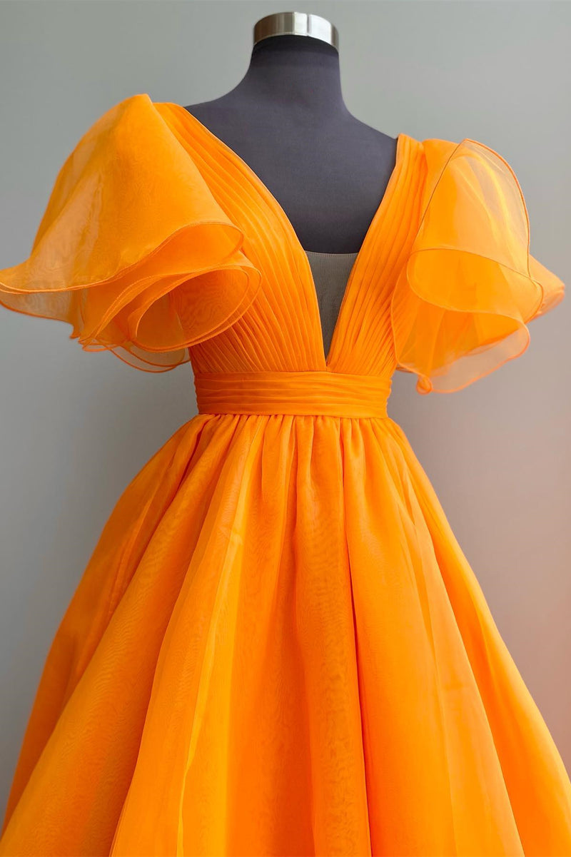 Orange A-line Long Formal Dress with Flutter Sleeves