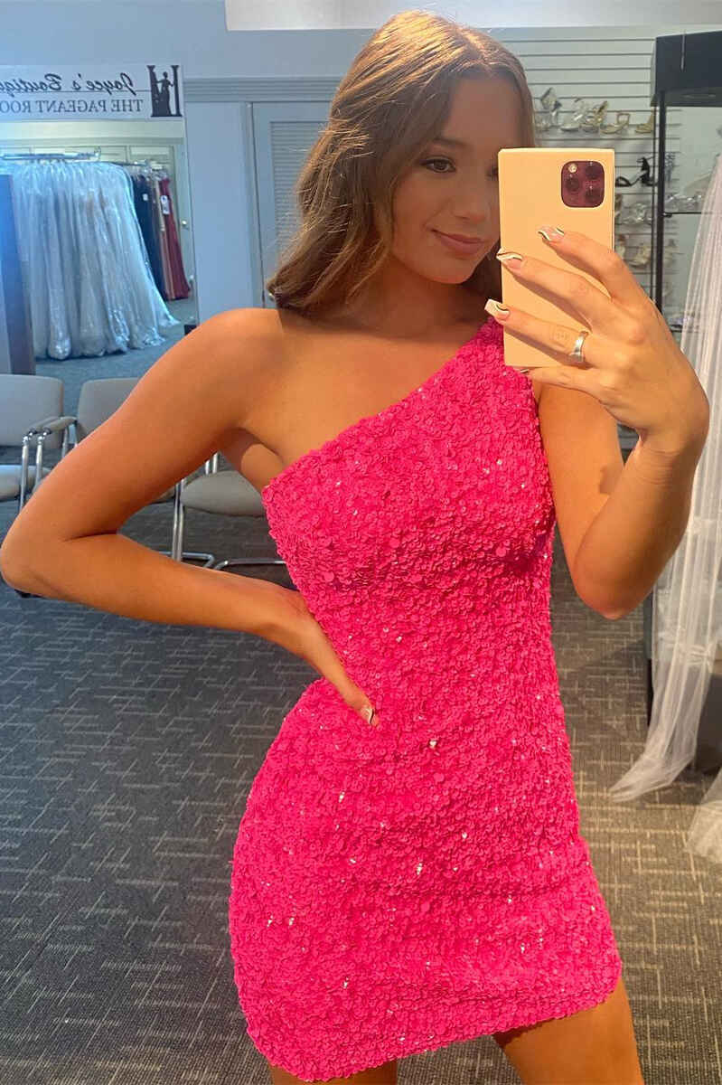 Orange Sequin One Shoulder Fitted Homecoming Dress