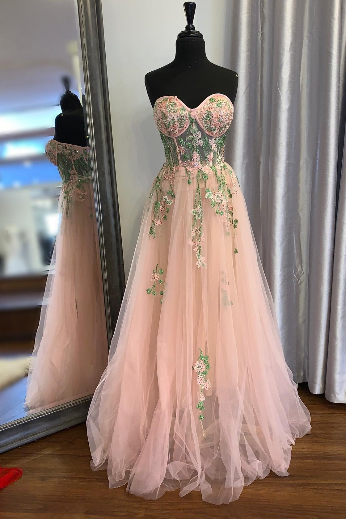 Peach Tulle Sweetheart Floral Embroidery Long Prom Dress