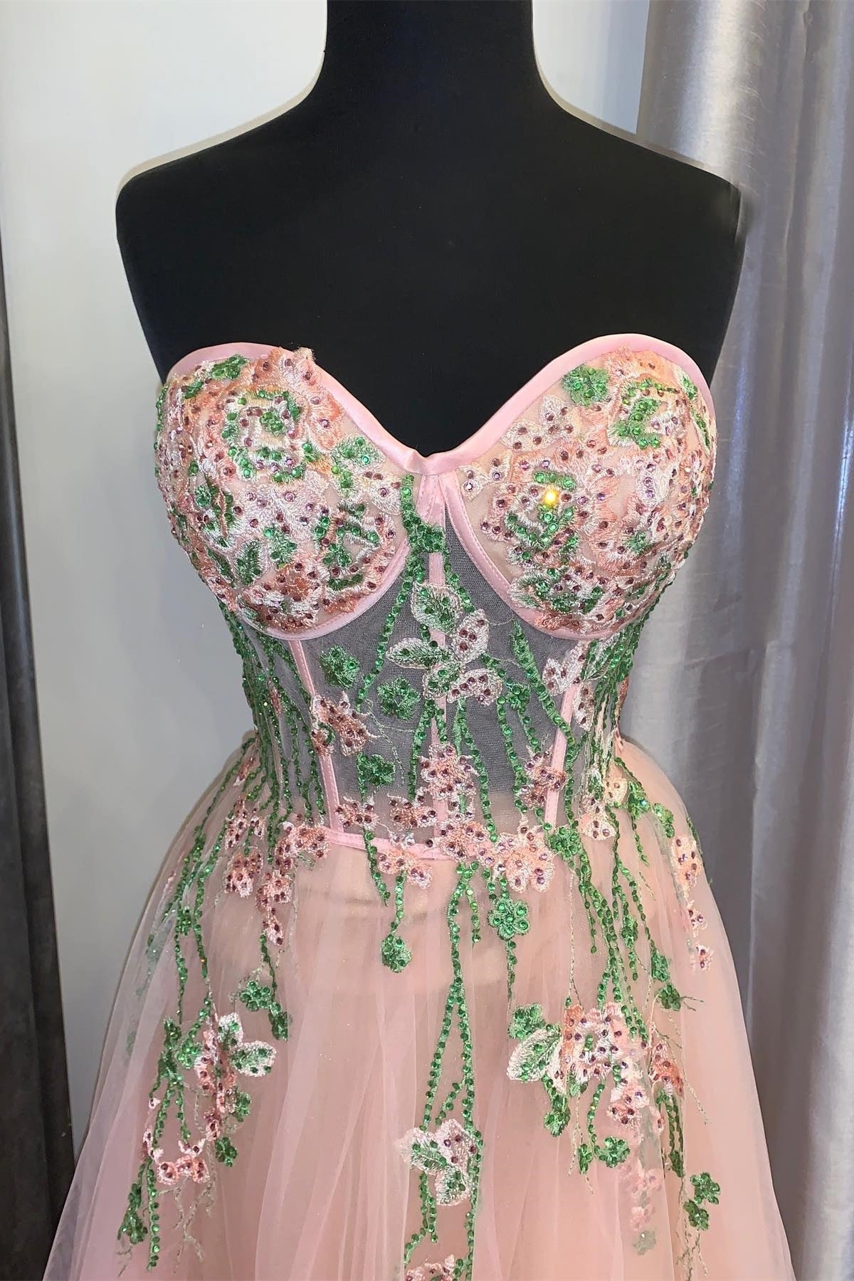 Peach Tulle Sweetheart Floral Embroidery Long Prom Dress