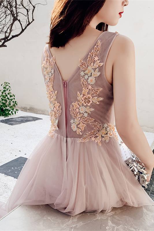 Pink A-line Tulle and Lace Long Formal Dress