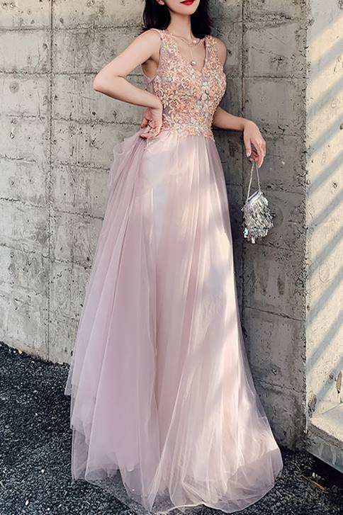 Pink A-line Tulle and Lace Long Formal Dress