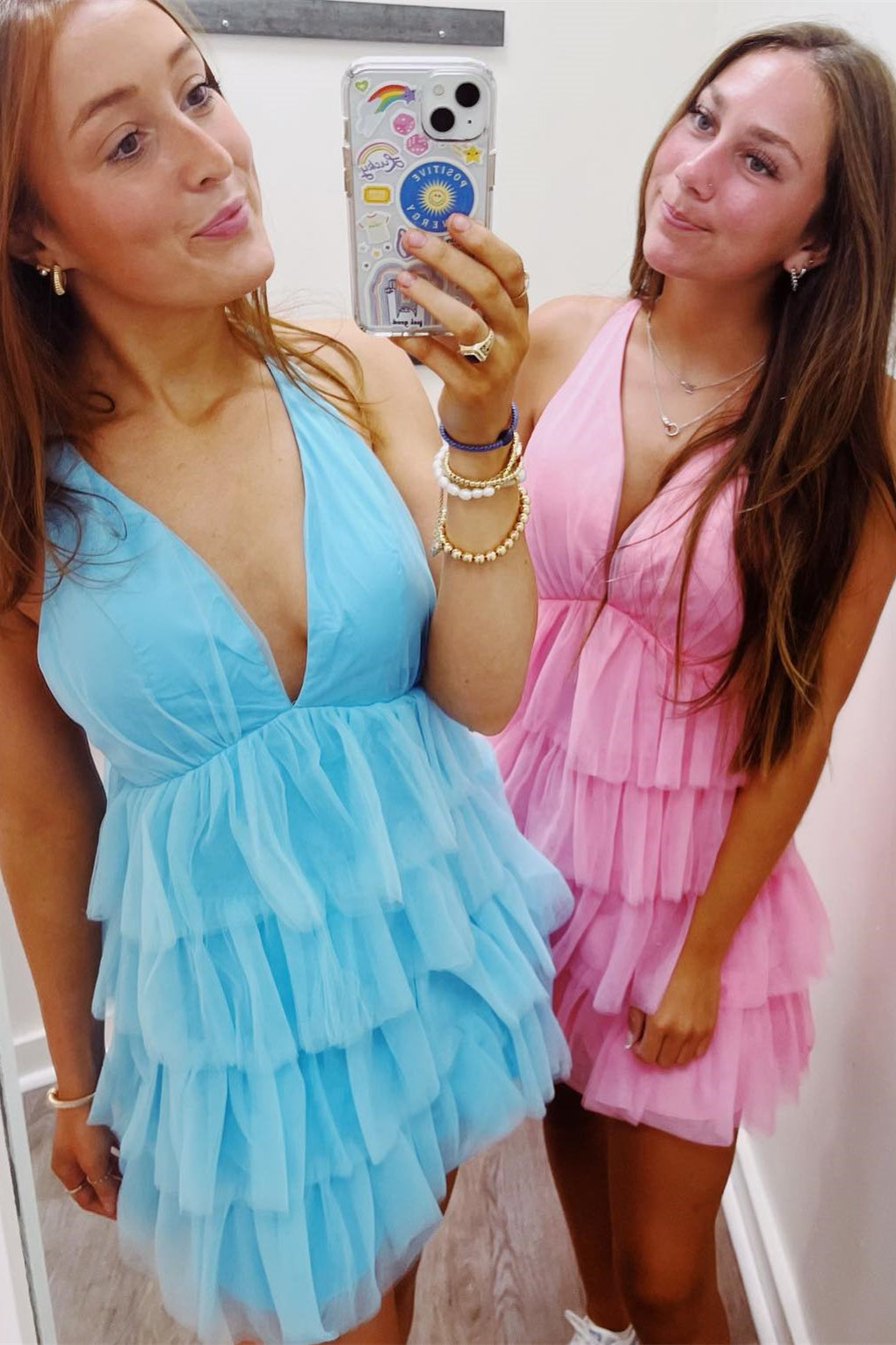Plunge Neck Blue Ruffles Princess Dress