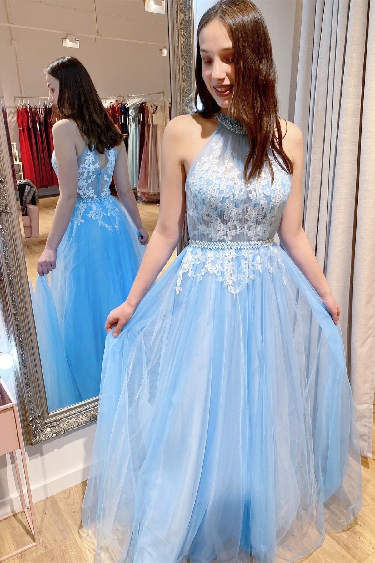 Princess High Neck Blue and White Lace Long Prom Dress – Dressesforparty