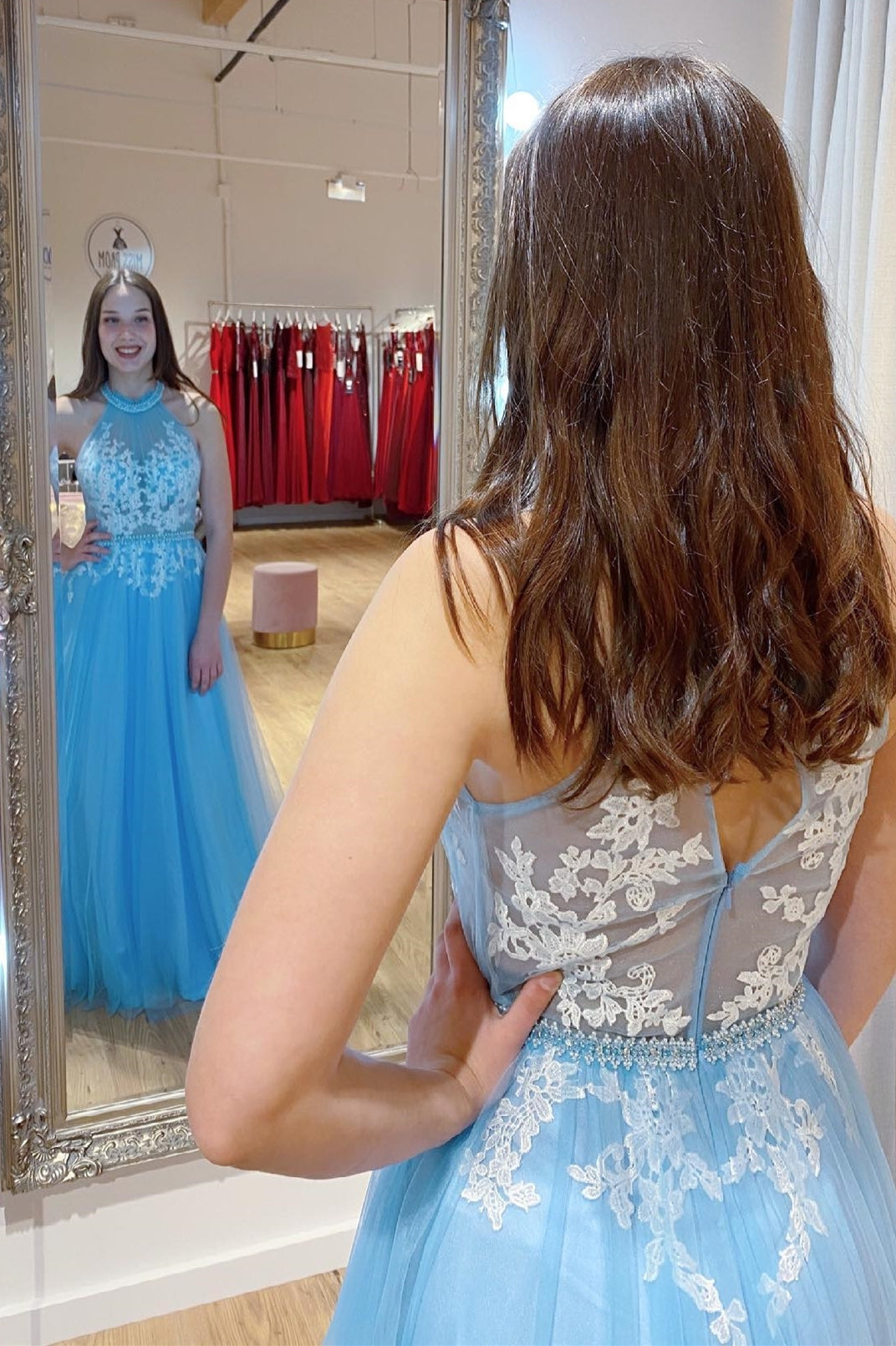 Princess High Neck Blue and White Lace Long Prom Dress