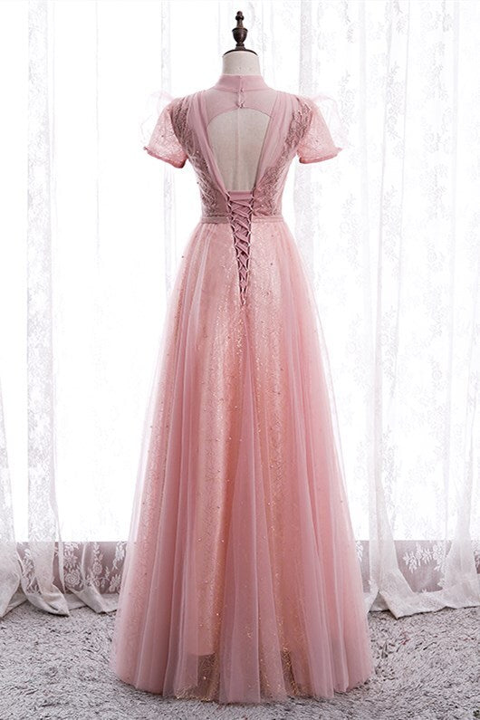 Princess High Neck Pink Long Party Dress 