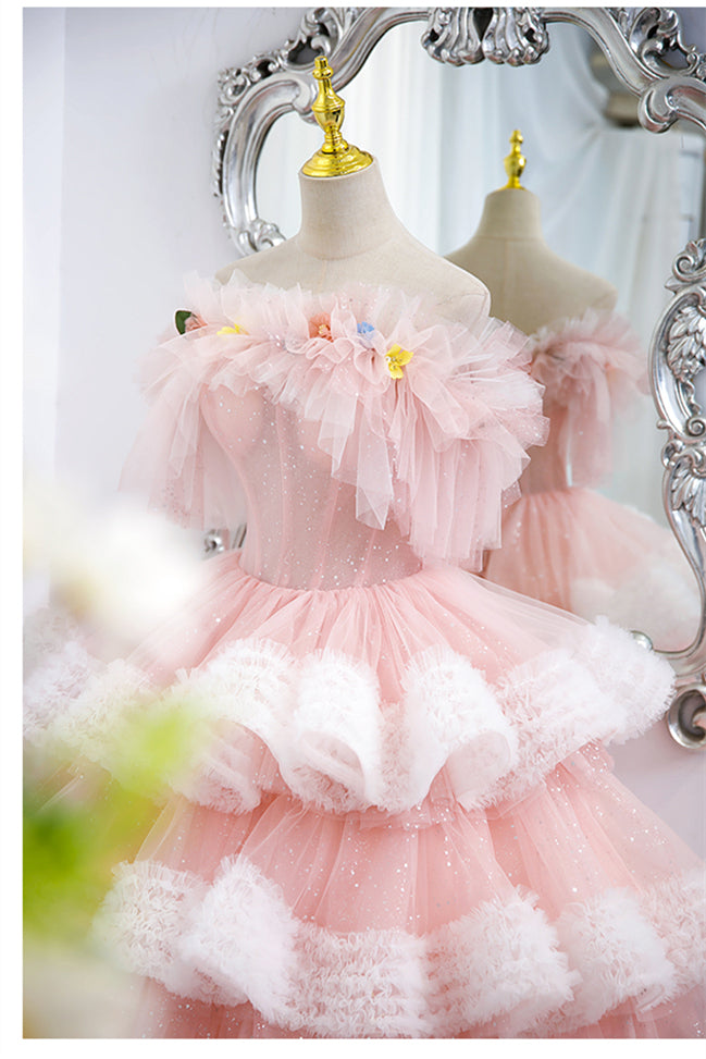 Princess Off the Shoulder Pink Tiered Long Ball Gown with Handmade Flowers