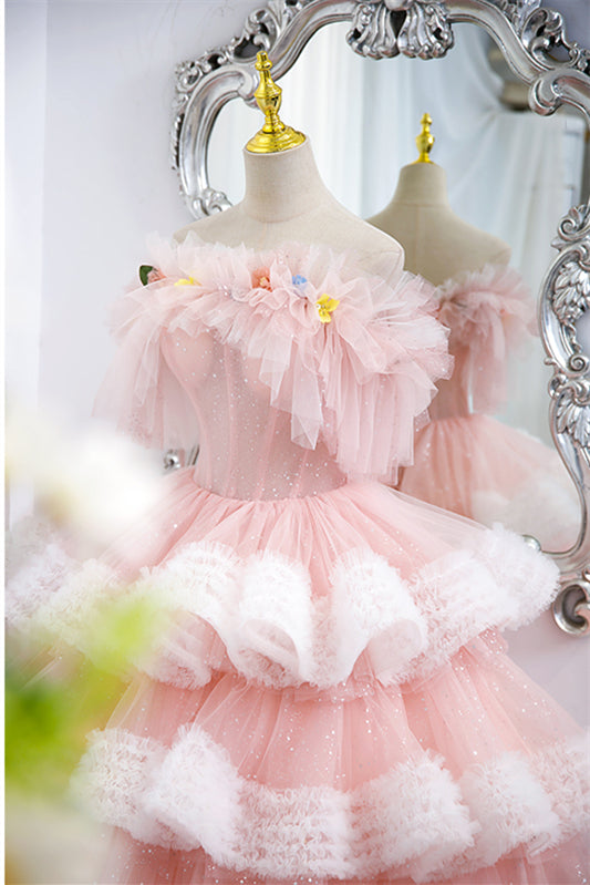 Princess Off the Shoulder Pink Tiered Long Ball Gown with Handmade Flowers