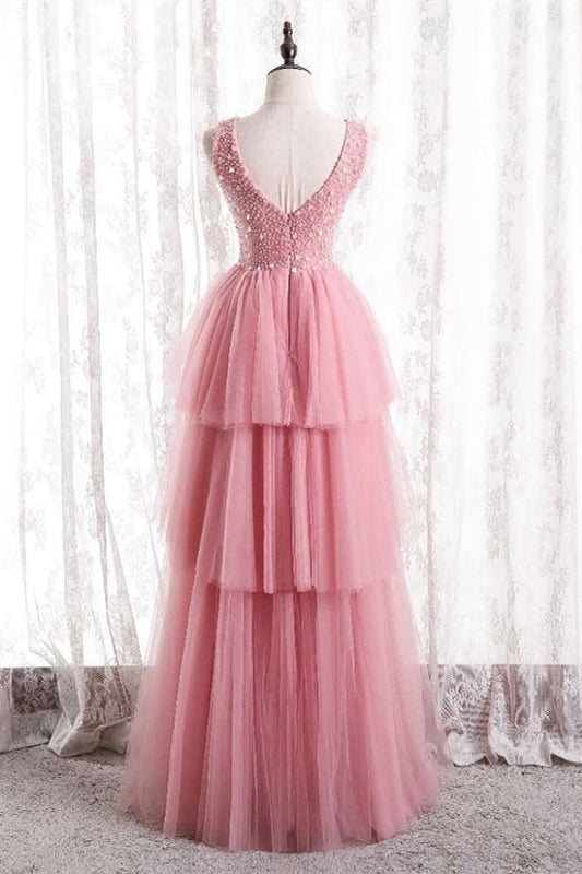 Princess Pink Tiered Tulle Long Formal Dress