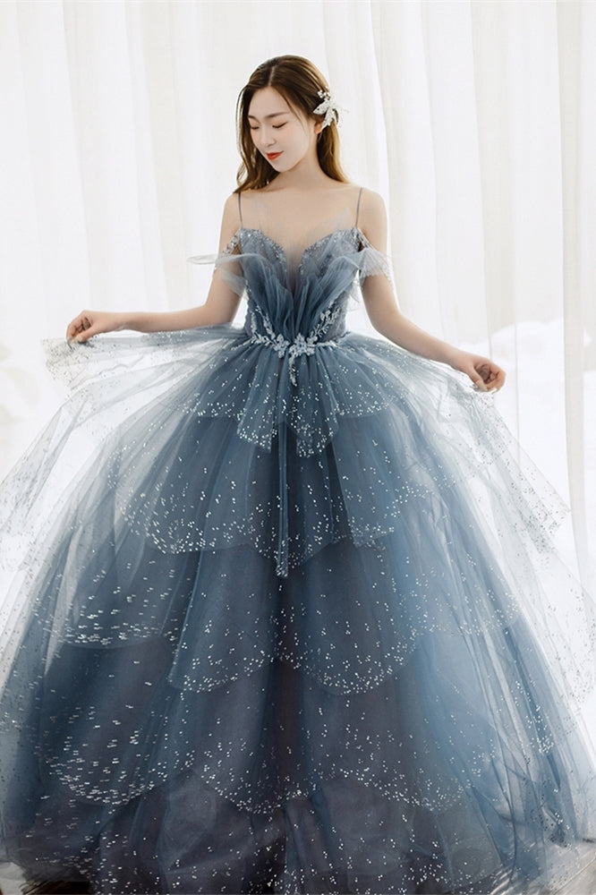 Princess Straps Blue Beaded Layers Long Formal Dress – Dressesforparty