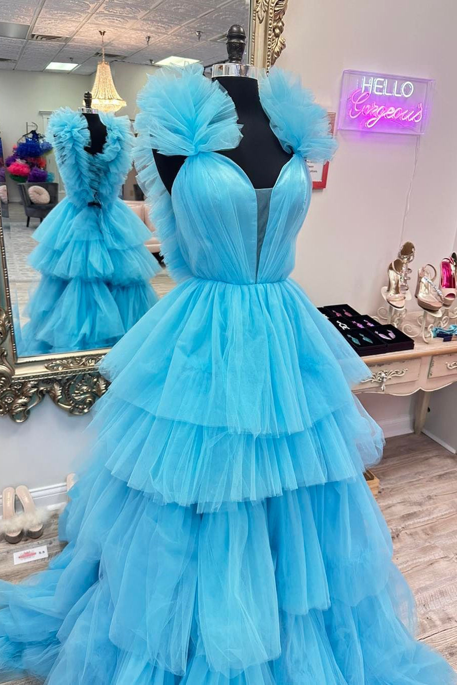 Puffy Blue Tiered Ruffle Tulle Formal Gown 
