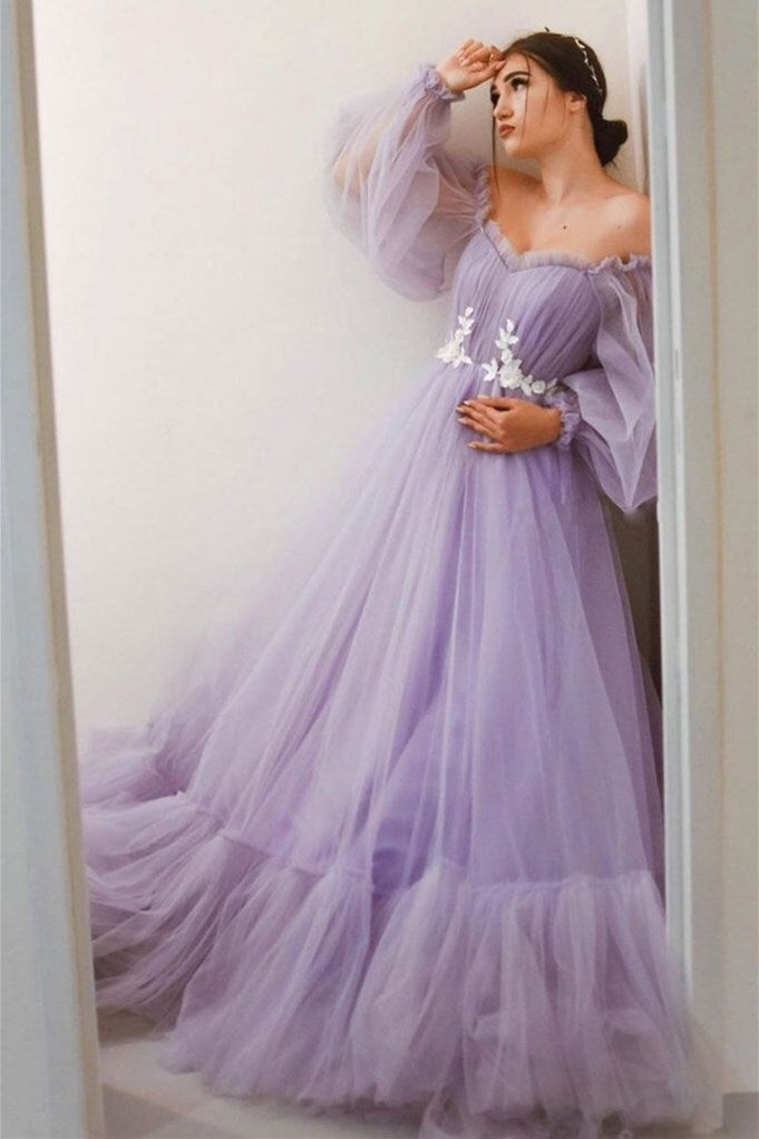 Puffy Long Sleeves Lavender Tulle A-line Ball Gown – Dressesforparty