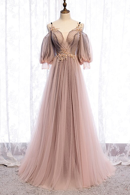 Puffy Sleeves Brown A-line Tulle Long Prom Dress
