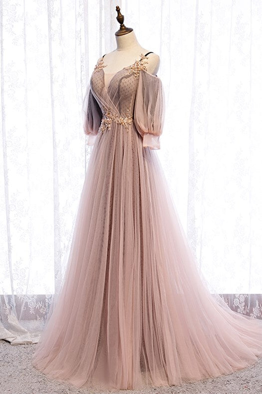 Puffy Sleeves Brown A-line Tulle Long Prom Dress