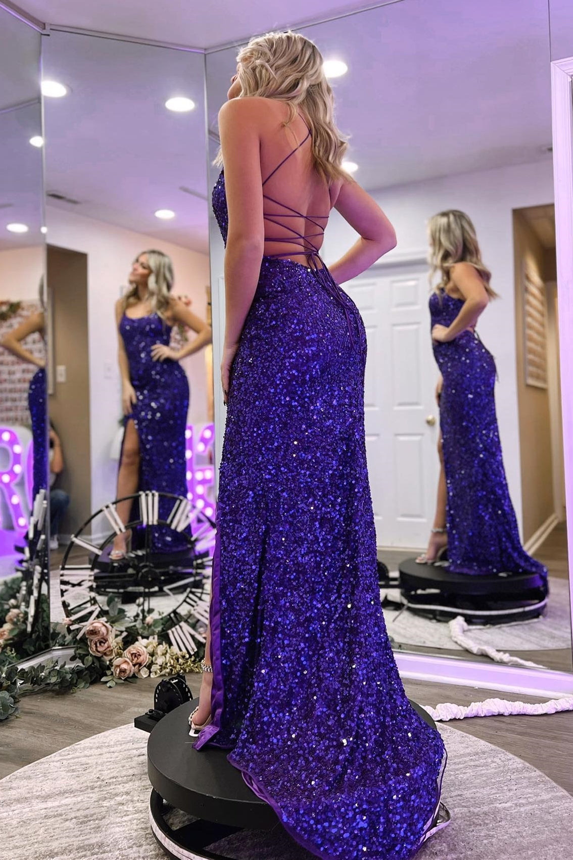 Purple Sequin Mermaid Straps Long Formal Dress with Slit