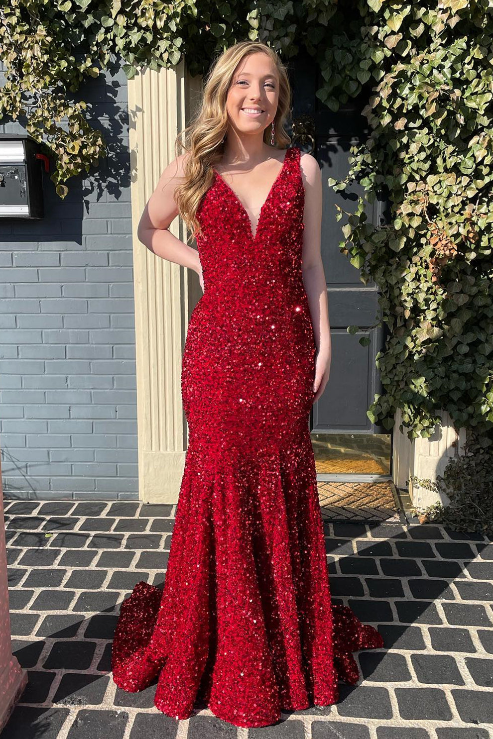 Purple Sequin Mermaid V Neck Long Formal Dress
