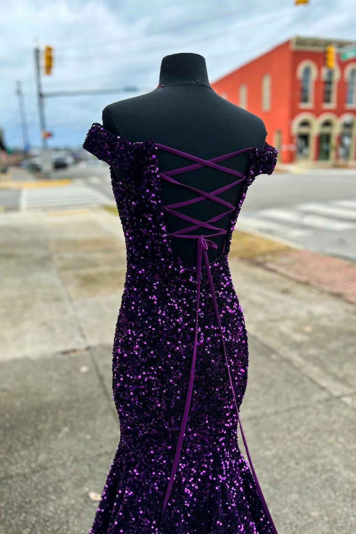 Purple Sequin Off the Shoulder Mermaid Long Formal Dress