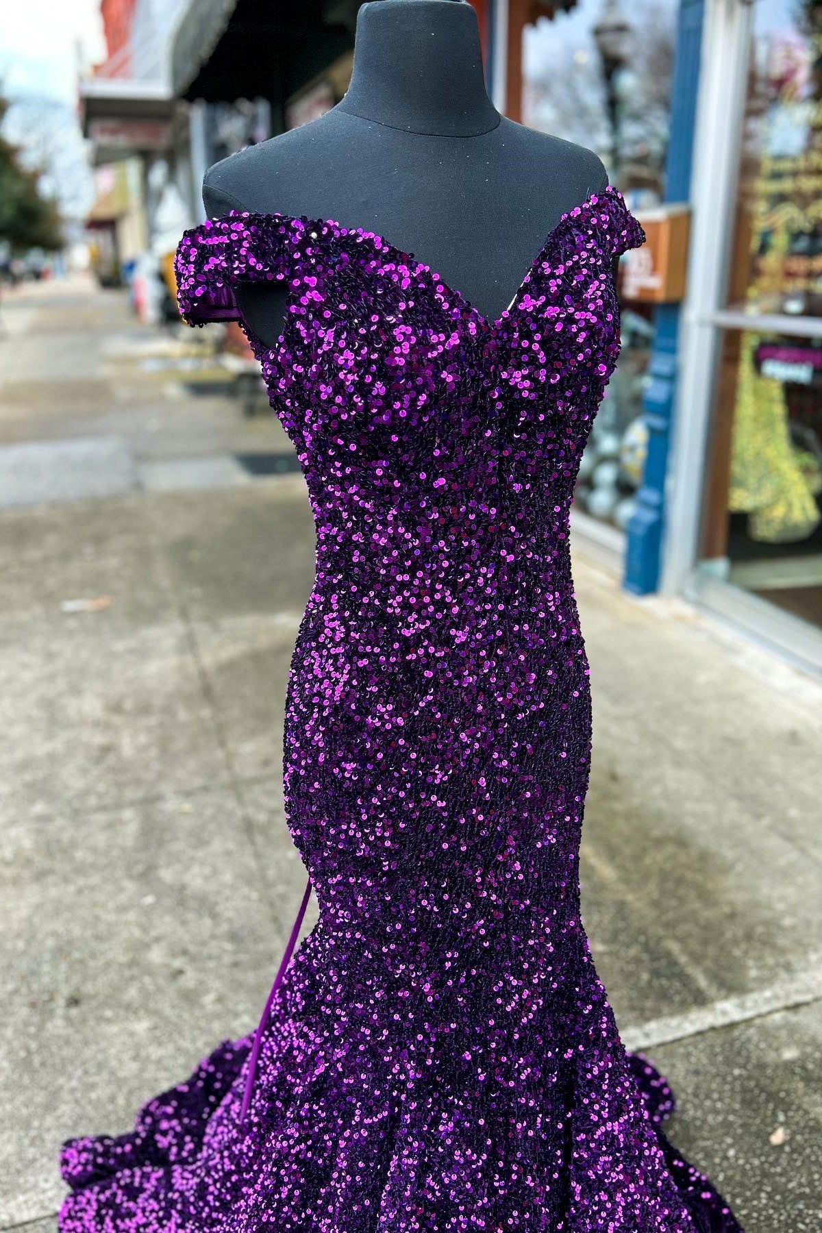 Purple Sequin Off the Shoulder Mermaid Long Formal Dress