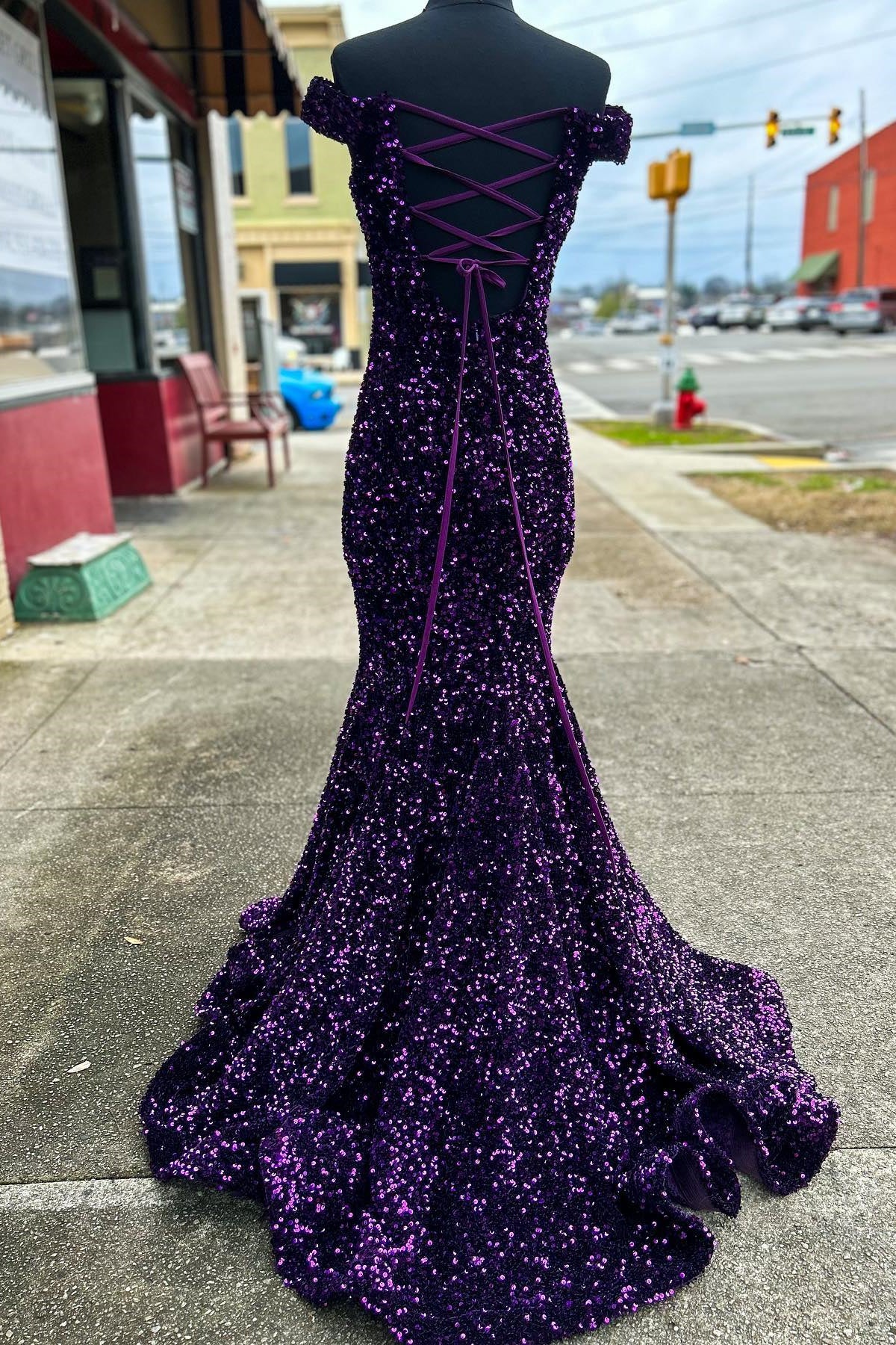 Purple Sequin Off the Shoulder Mermaid Long Formal Dress