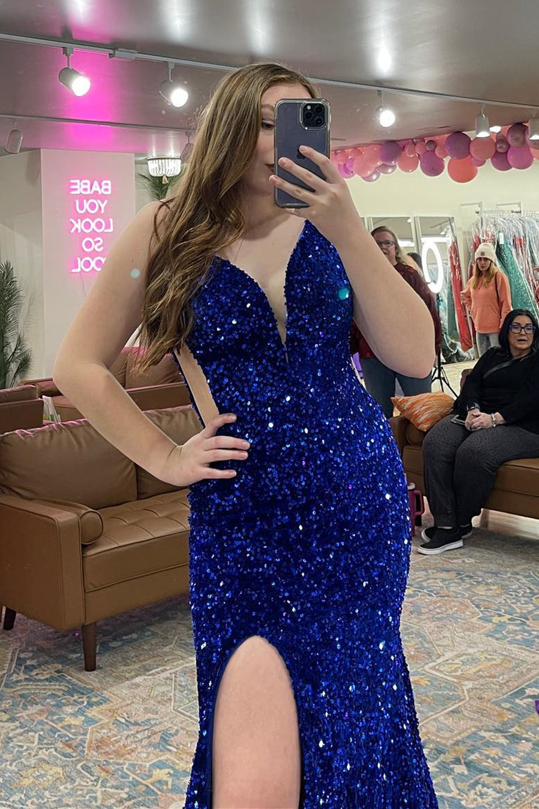 Royal Blue Sequin Straps Mermaid Long Formal Dress