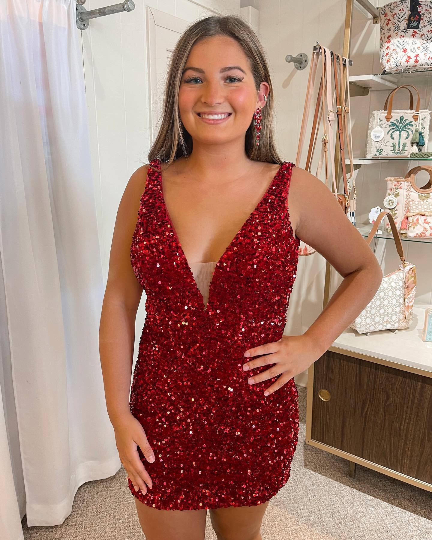 Red Sequin V Neck Bodycon Homecoming Dress