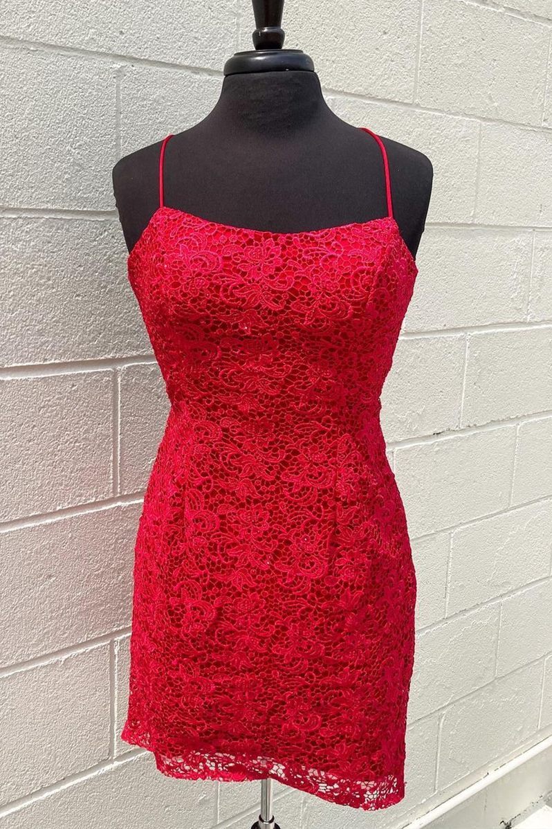 Red Lace Bodycon Party Dress with Spaghetti Straps