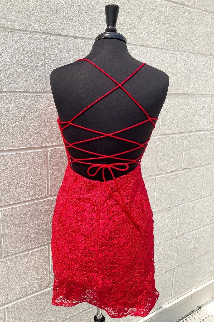 Red Lace Bodycon Party Dress with Spaghetti Straps
