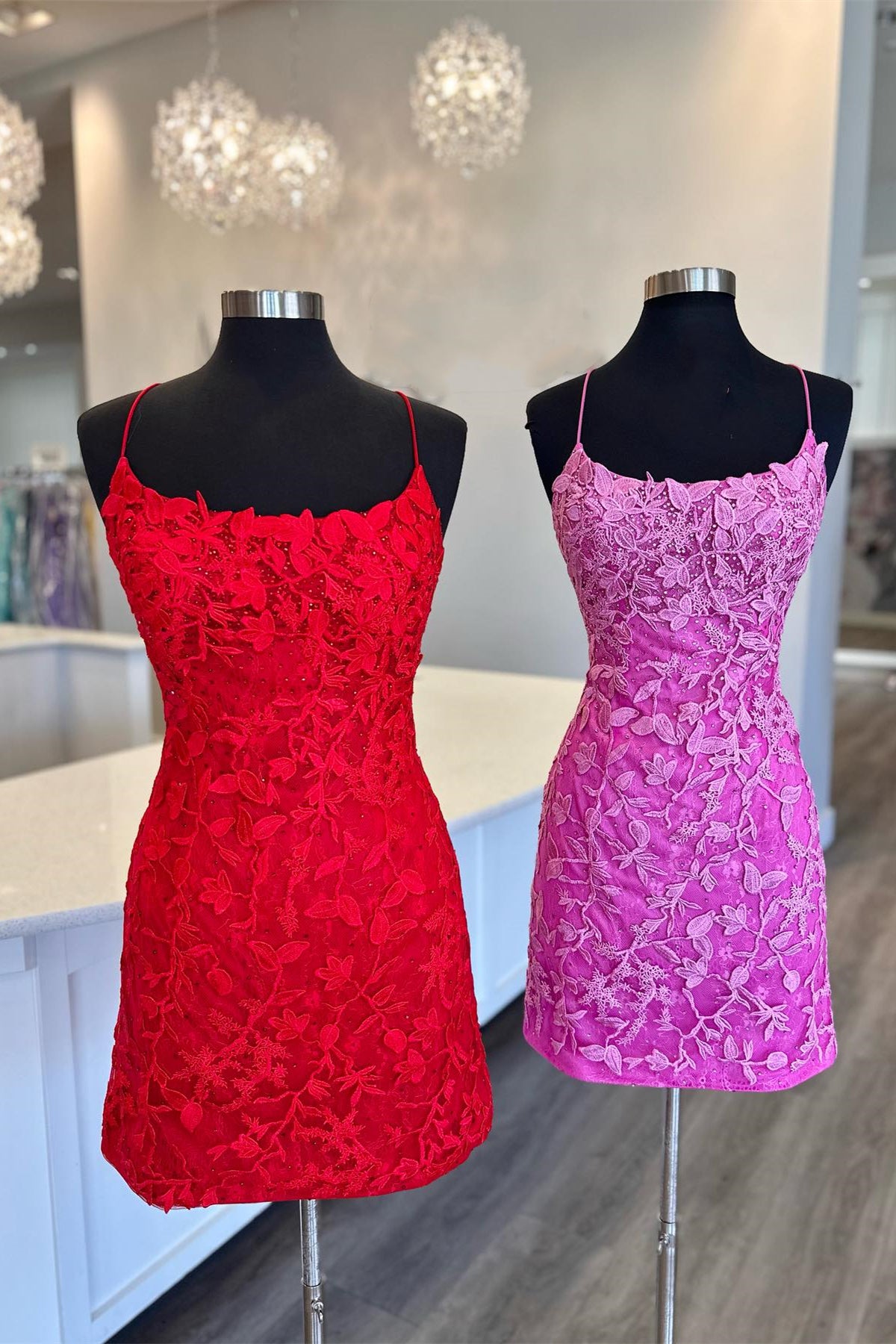 Red Lace Tight Mini Dress with Straps