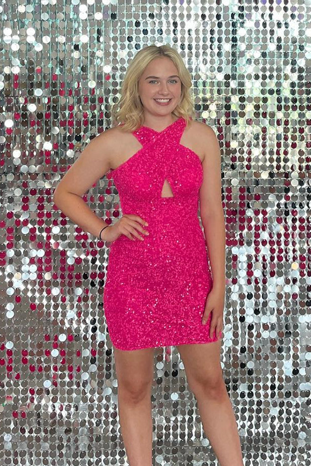 Hot Pink Sequin Cross Front Bodycon Mini Homecoming Dress  Dressesforparty