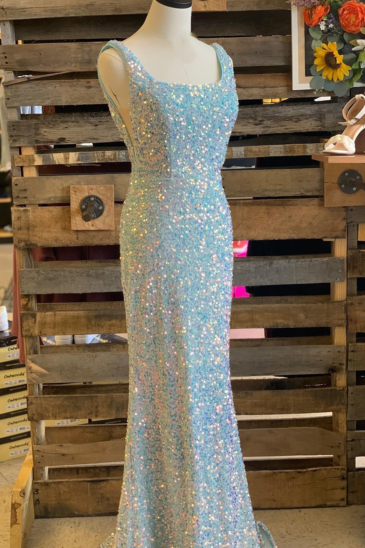 Blue Sequin Square Neck Mermaid Long Formal Dress
