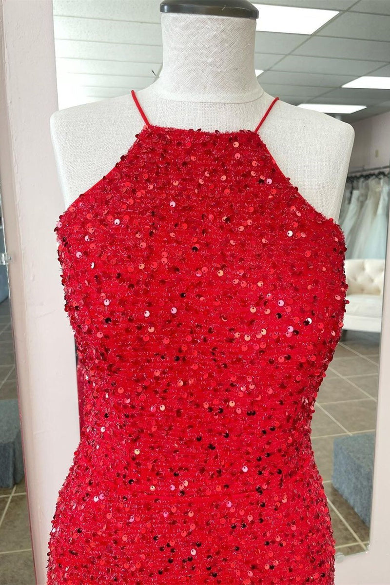 Red Sequins Mermaid Halter Long Prom Dress