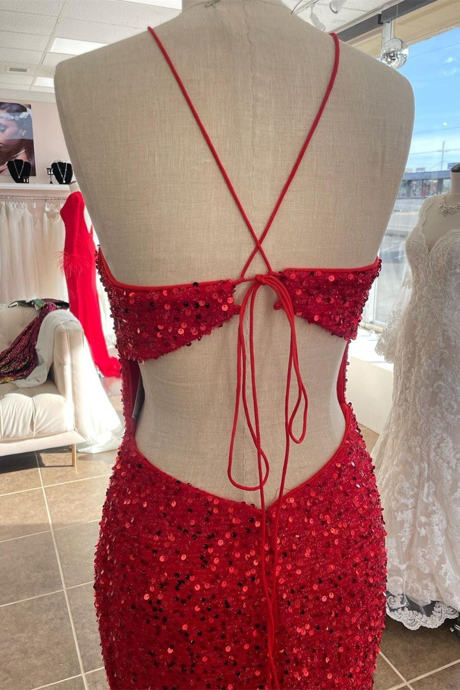 Red Sequins Mermaid Halter Long Prom Dress