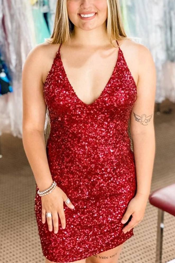 Red Sequins V Neck Mini Party Dress