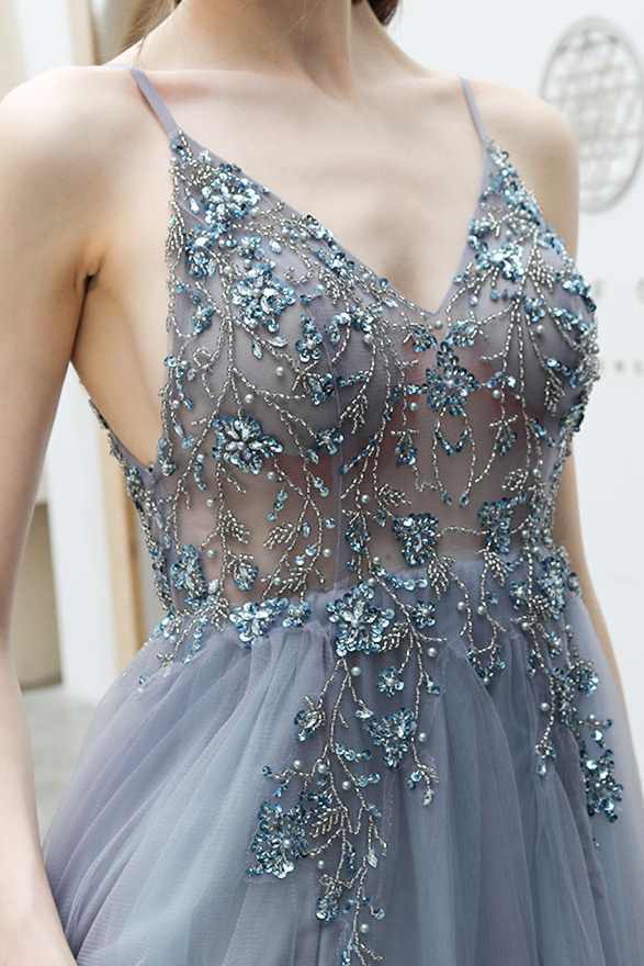 Rhinestons Blue A-line Tulle Formal Dress