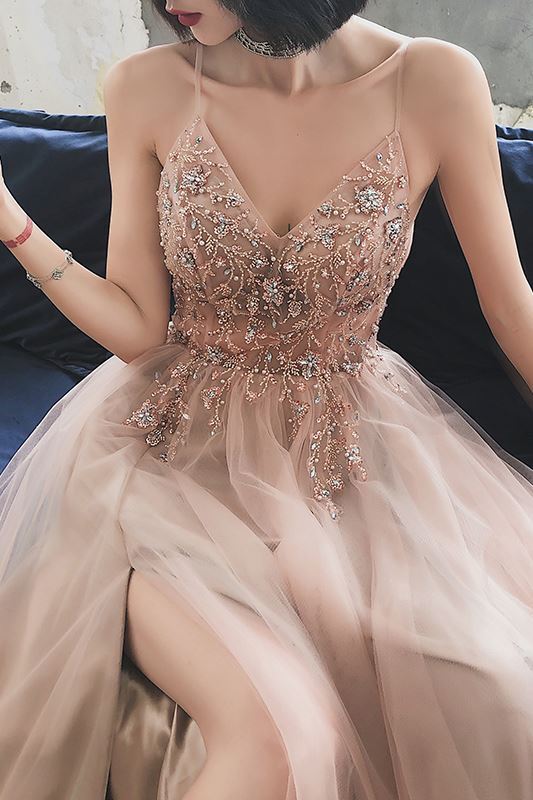 Rhinestons Rose Gold A-line Long Prom Dress
