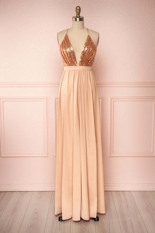 Rose Gold Sequin and Chiffon A-line Long Bridesmaid Dress