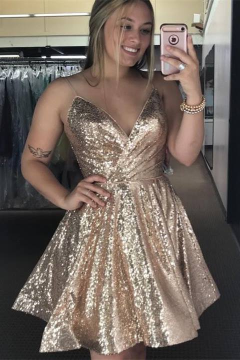 Rose Gold Sequins A-line Short Homecoming Dress Dressesforparty Rose Gold Sequins A-line Short Homecoming Dress Dressesforparty