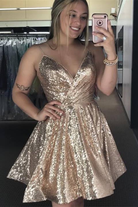 Rose Gold Sequins A-line Short Homecoming Dress