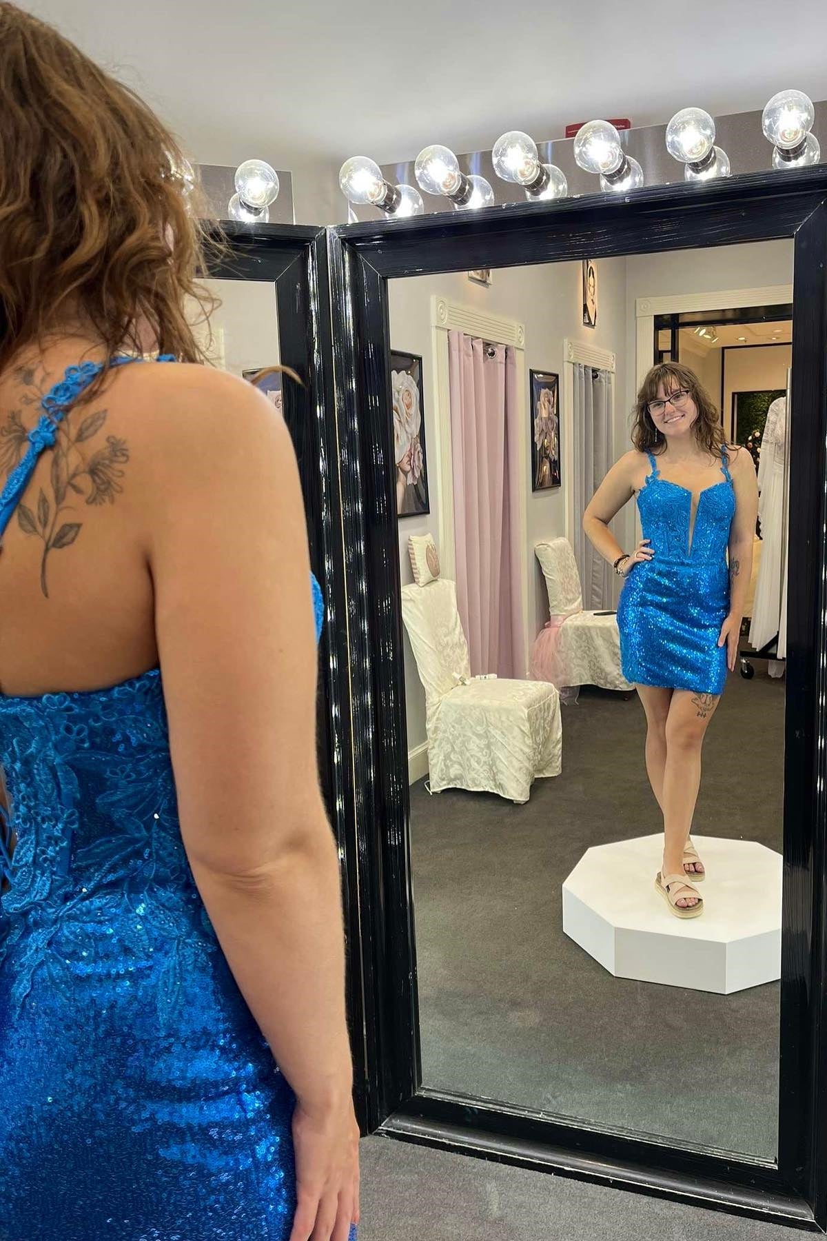Royal Blue Sequin Appliques Tight Mini Dress