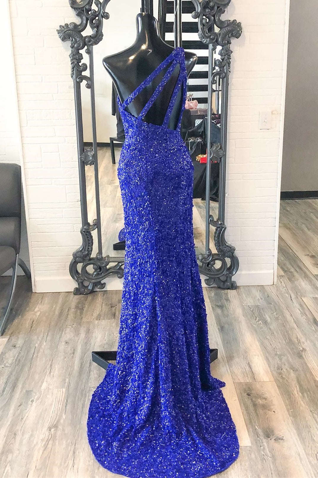 Royal Blue Sequin One Shoulder Mermaid Long Formal Dress